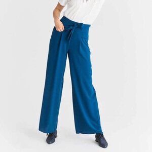 Roman Womens Wide Leg Bow Belted Trouser Pants Petrol Blue Unhemmed size 6